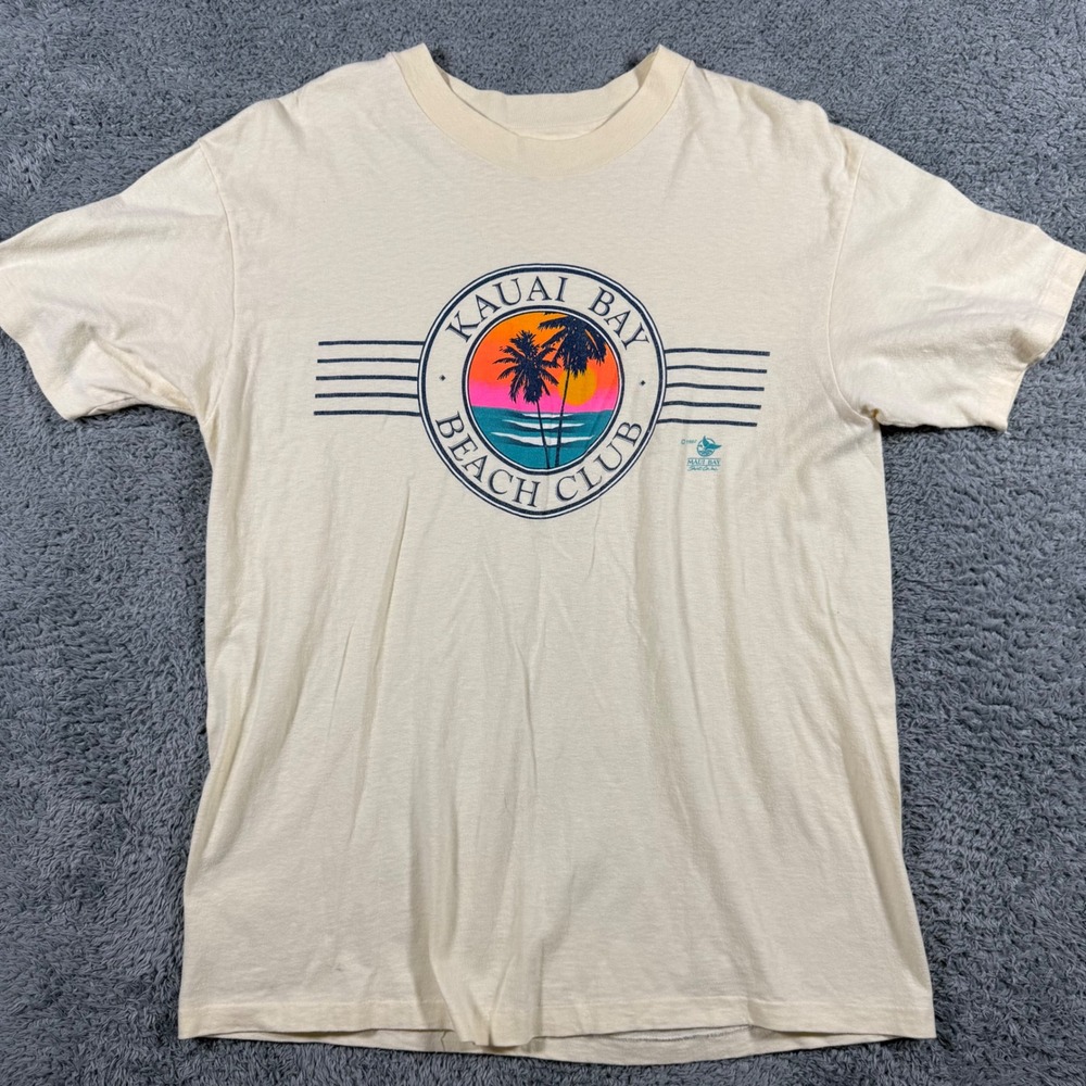 Vintage 80s Kauai Bay Beach Club T-Shirt Mens Large Cream Single Stitch USA Made